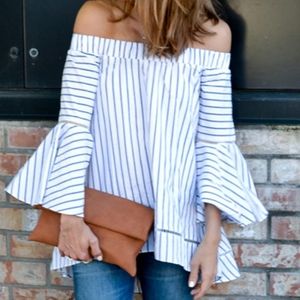 multicolored striped off the shoulders  bell sleeve Blouse